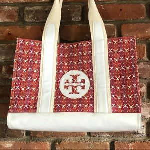 Tory Burch White Pink Orange Beach Canvas Tote Bag